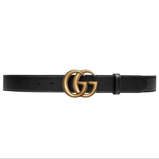 Gucci Black and Antiqued Brass Marmont Wide Leather Belt with GG Buckle