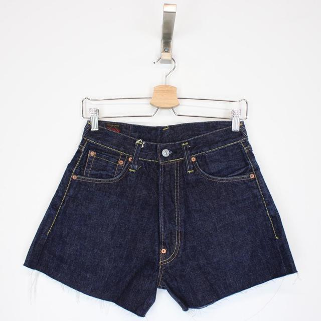 Evisu Navy Blue and Yellow Gull Denim Jean Shorts