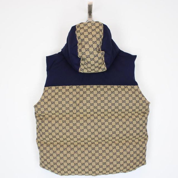 Gucci Tan Brown and Navy GG Monogram Canvas Hooded Gilet / Bodywarmer