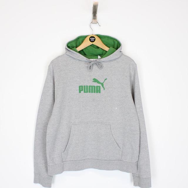 Vintage 90s Puma Grey and Green Spellout Hoodie Jumper