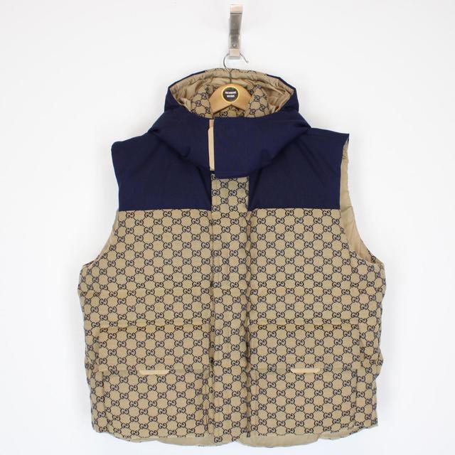 Gucci Tan Brown and Navy GG Monogram Canvas Hooded Gilet / Bodywarmer