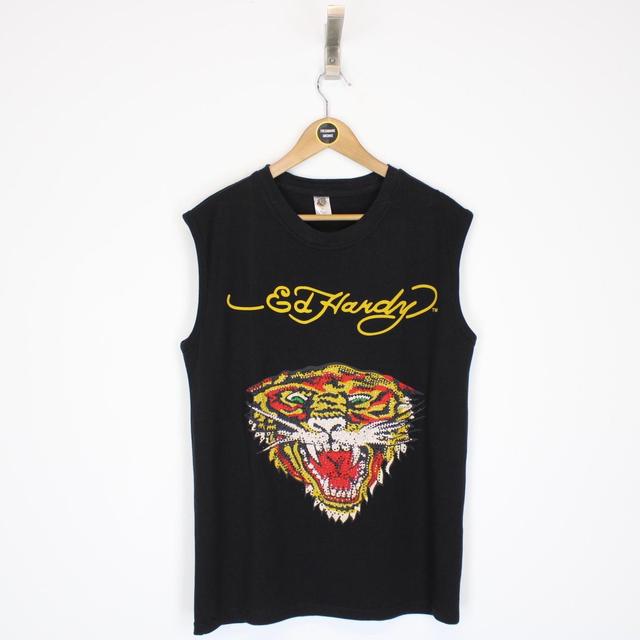 Vintage Ed Hardy by Christian Audiger Y2K Black Bejewelled Tiger Vest Top