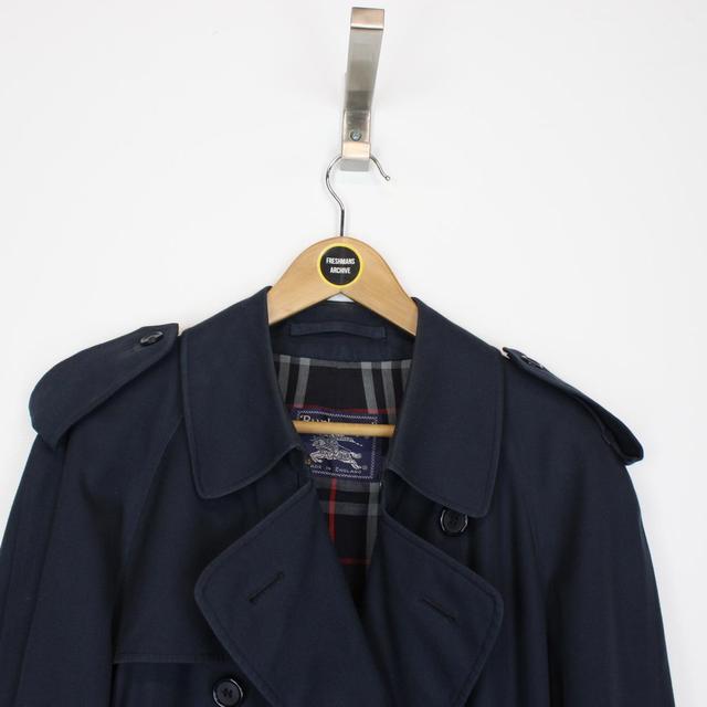 Vintage 90s Burberry Navy Blue Nova Check Double Breasted Belted Trench Coat