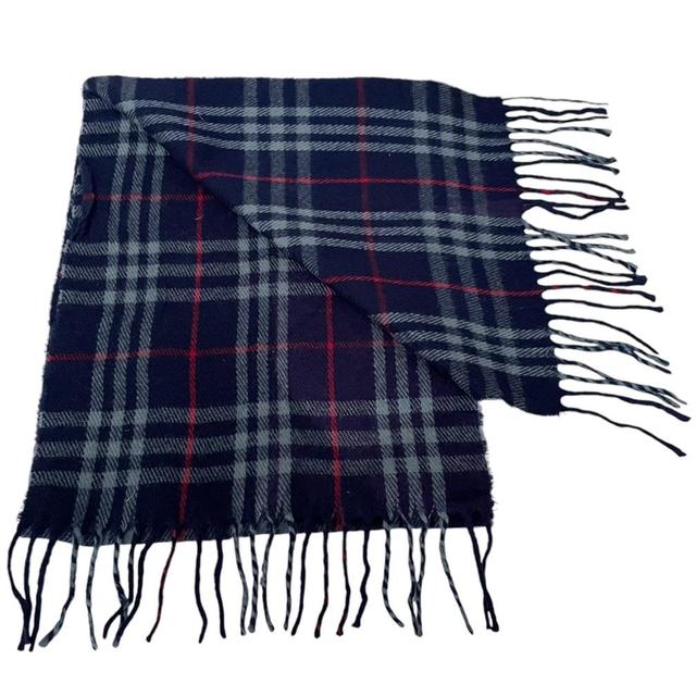 Vintage 90s Burberry Navy Blue Nova Check Lambswool Scarf