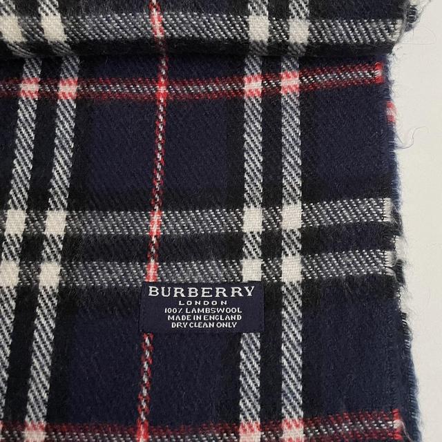 Vintage 90s Burberry Navy Blue Nova Check Lambswool Scarf