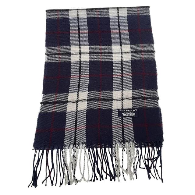 Vintage 90s Burberry Navy Blue Check Lambswool Scarf