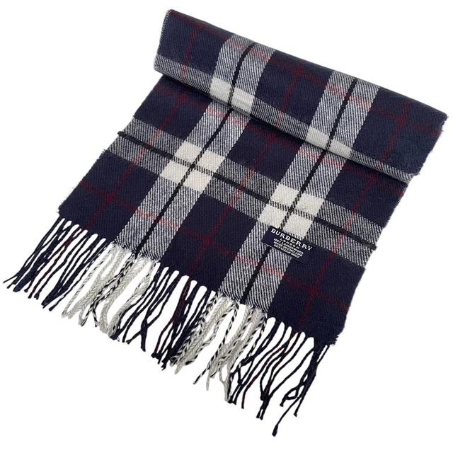 Vintage 90s Burberry Navy Blue Check Lambswool Scarf