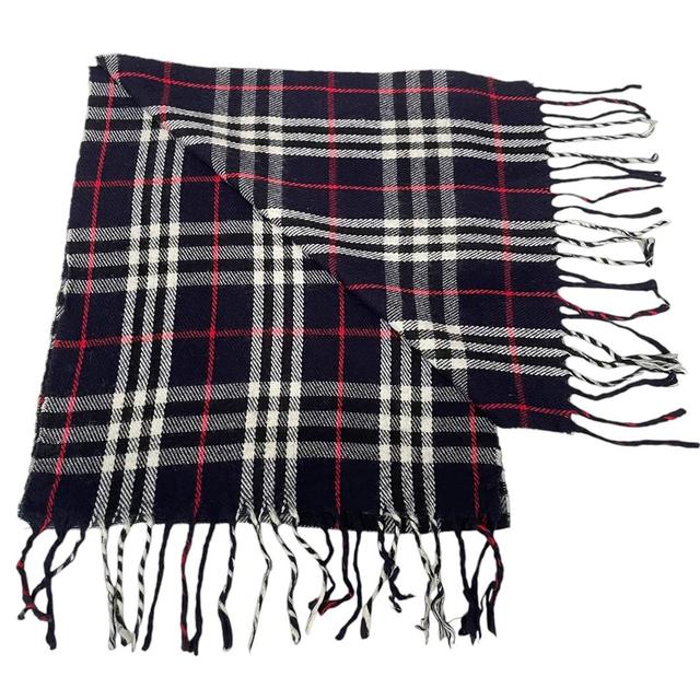 Vintage 90s Burberry Navy Blue Nova Check Lambswool Scarf