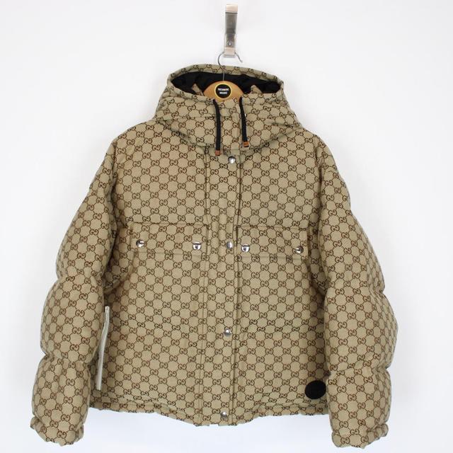 Gucci Tan Brown GG Monogram Cotton Canvas Down Puffer Jacket