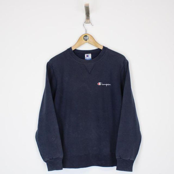 Vintage 90’s Champion Navy Blue Crew Neck Spellout Sweatshirt Jumper