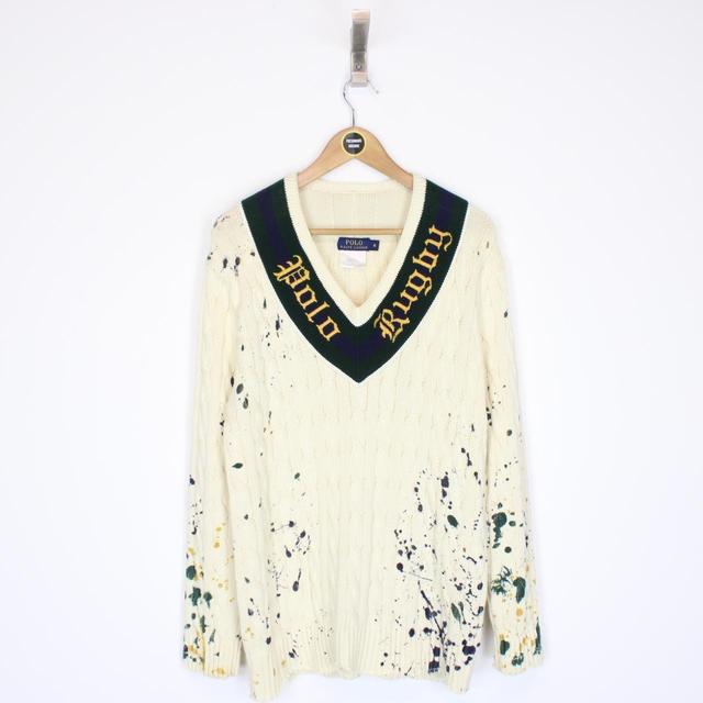 Polo Ralph Lauren Cream Distressed Cable Cotton Knit Rugby Jumper