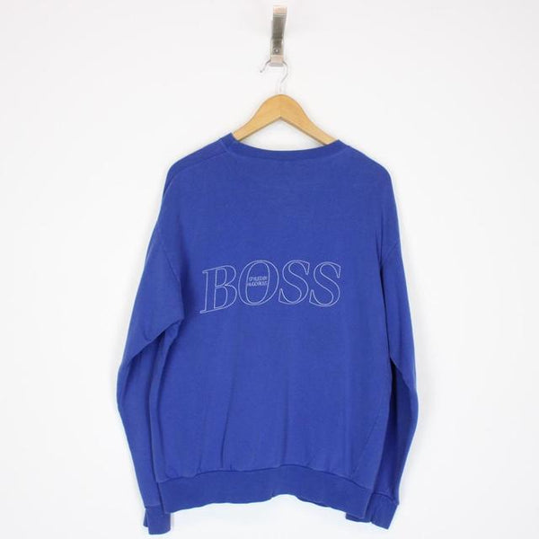 Vintage 90s Hugo Boss Blue and White Spellout Sweatshirt Jumper