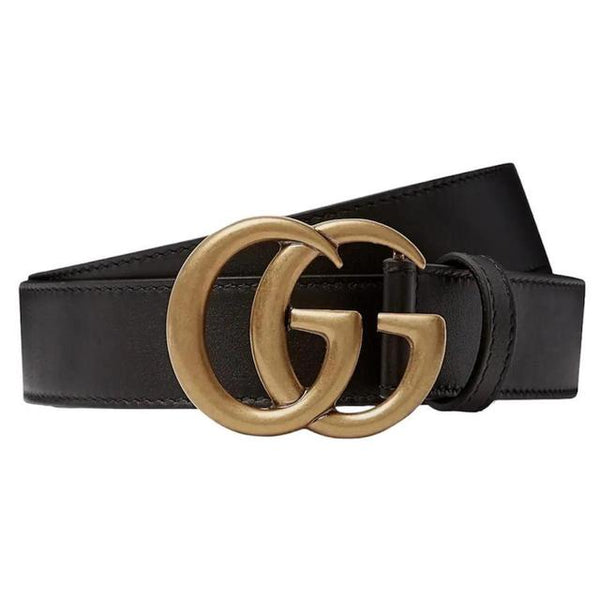 Gucci Black and Antiqued Brass Marmont Wide Leather Belt with GG Buckle