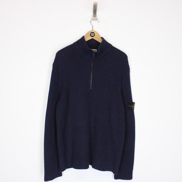 Vintage Stone Island AW 2003 Navy Blue Ribbed Cotton Knit 1/4 Zip Jumper