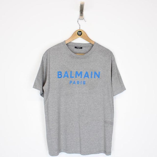 Balmain Paris Grey and Blue Logo Print Short Sleeve T-Shirt