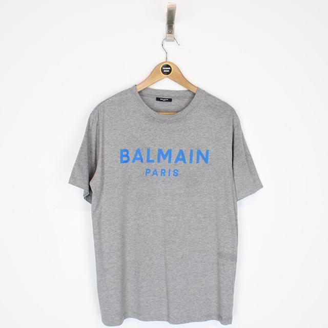 Balmain Paris Grey and Blue Logo Print Short Sleeve T-Shirt