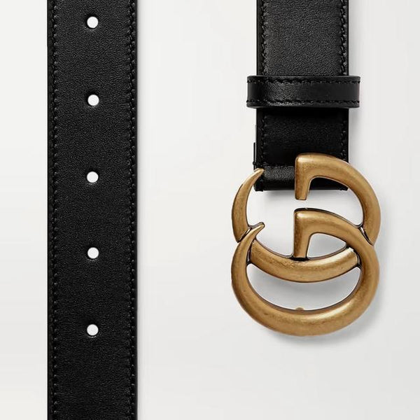 Gucci Black and Antiqued Brass Marmont Wide Leather Belt with GG Buckle