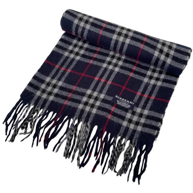 Vintage 90s Burberry Navy Blue Nova Check Lambswool Scarf