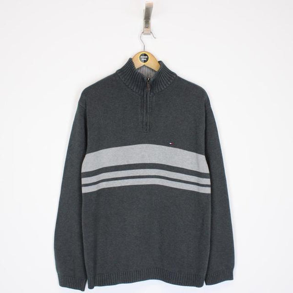 Vintage 00s Tommy Hilfiger Grey Cotton Knit 1/4 Zip Sweatshirt Jumper