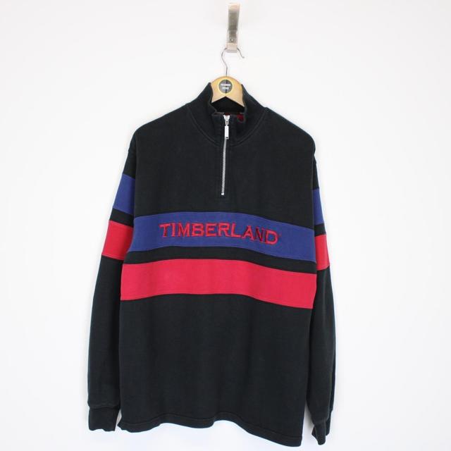 Vintage 90s Timberland Black, Red and Blue 1/4 Zip Spellout Sweatshirt Jumper