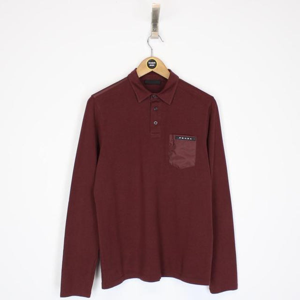 Prada Burgundy Long Sleeve Cotton Pique Polo Shirt