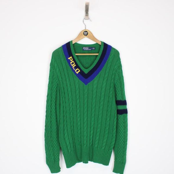 Polo Ralph Lauren Green and Navy Blue Cable Cotton Knit Cricket Jumper