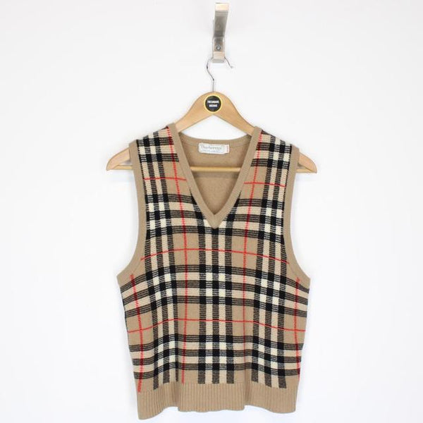 Vintage 90s Burberry Tan Brown Nova Check Lambswool Knit Sweater Vest