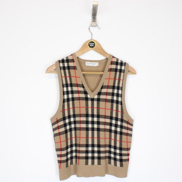 Vintage 90s Burberry Tan Brown Nova Check Lambswool Knit Sweater Vest