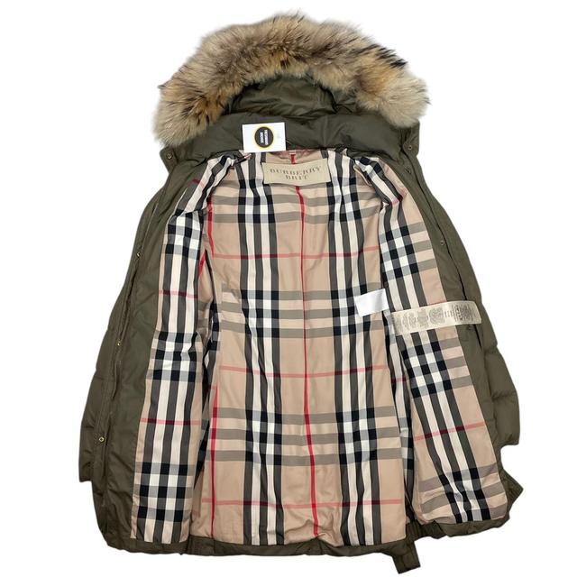 Burberry Brit Khaki Green and Beige Nova Check Fur Hooded Down Jacket