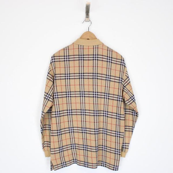 Vintage 90s Burberry Beige Nova Check Long Sleeve Polo Shirt