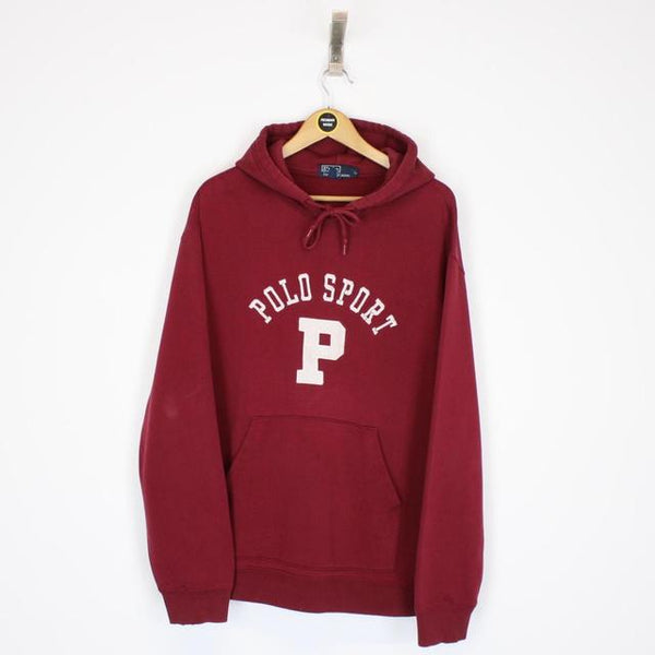 Vintage 90s Polo Sport Ralph Lauren Burgundy and White Spellout Hoodie Jumper