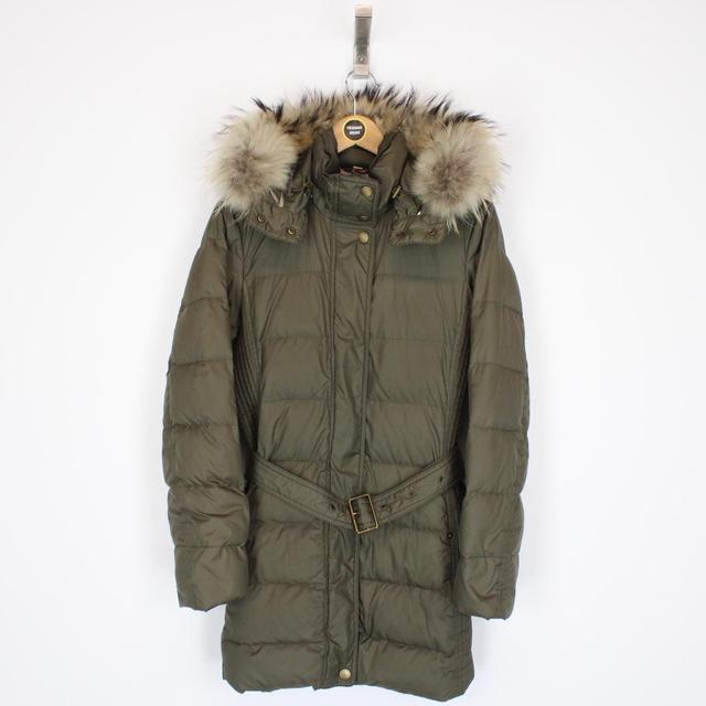 Burberry Brit Khaki Green and Beige Nova Check Fur Hooded Down Jacket