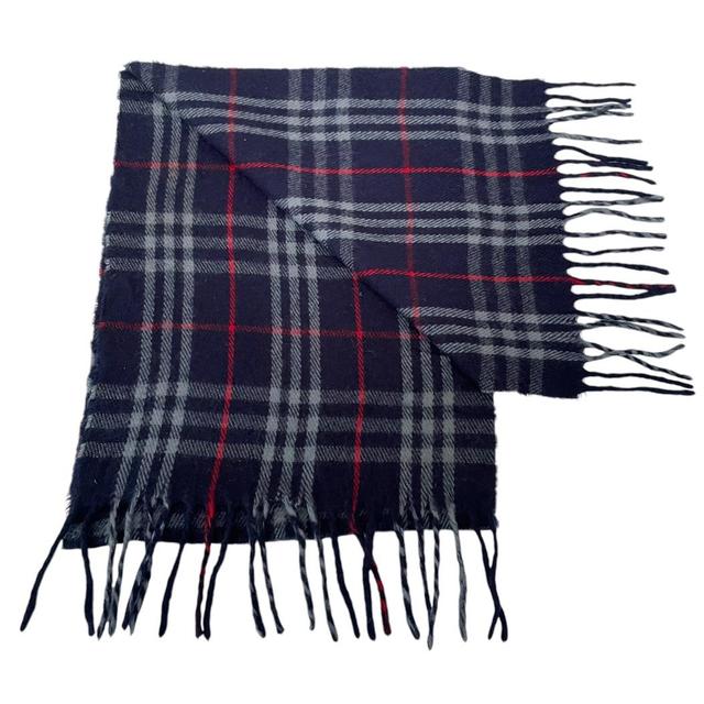 Vintage 90s Burberry Navy Blue Nova Check Lambswool Scarf