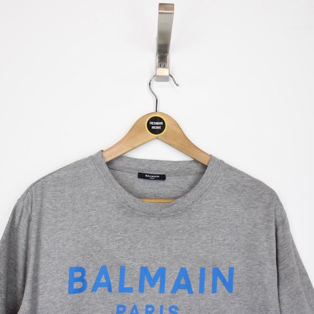 Balmain Paris Grey and Blue Logo Print Short Sleeve T-Shirt