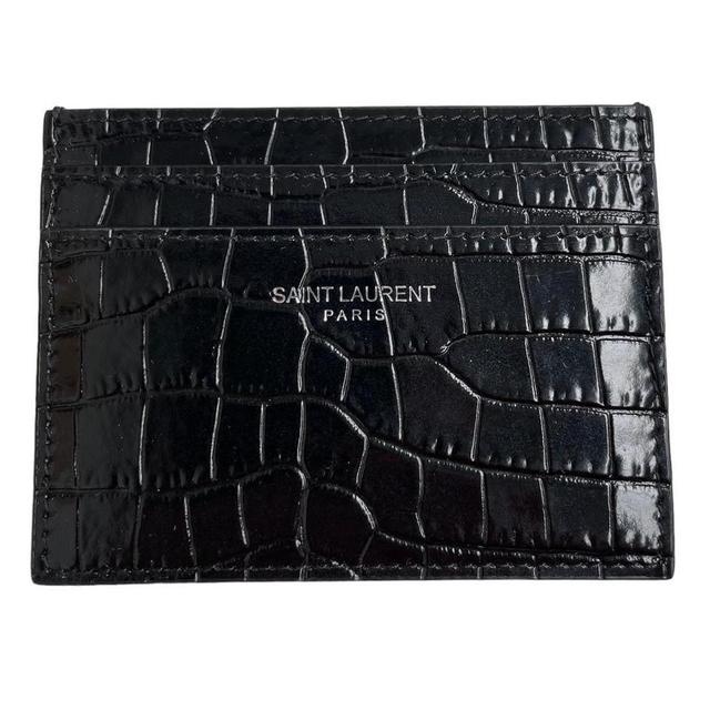 Saint Laurent Black and Silver Crocodile Embossed Leather Card Holder