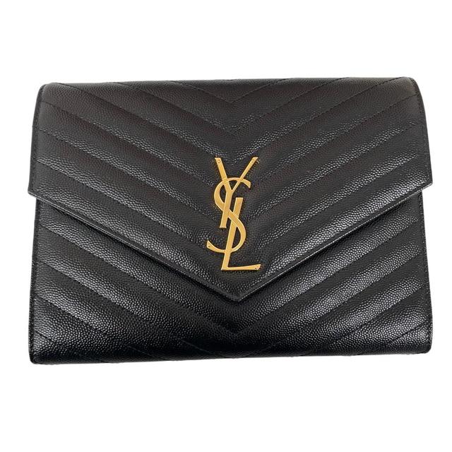 Saint Laurent YSL Black and Gold New Pouch Monogram Leather Clutch Bag