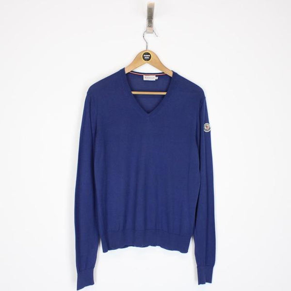 Moncler Maglia Tricot Blue Cotton Knit V-Neck Jumper