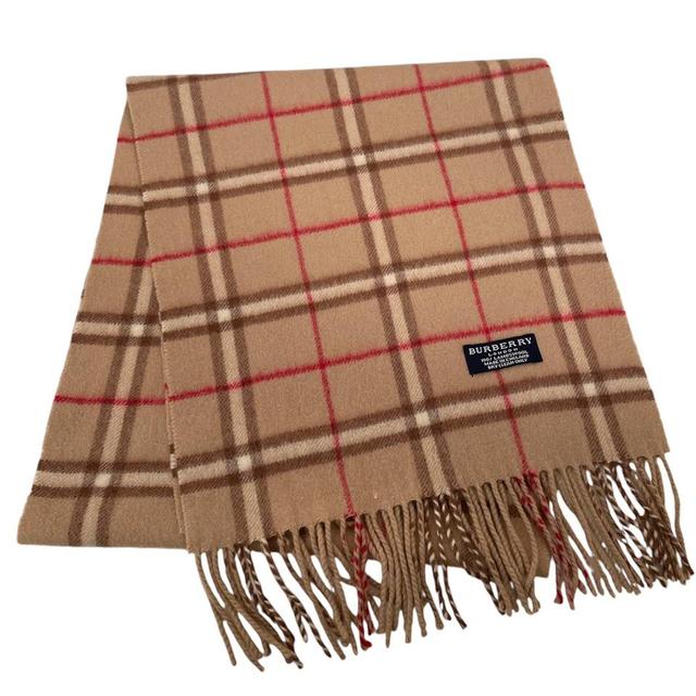 Vintage 90s Burberry Tan Brown Check Lambswool Scarf