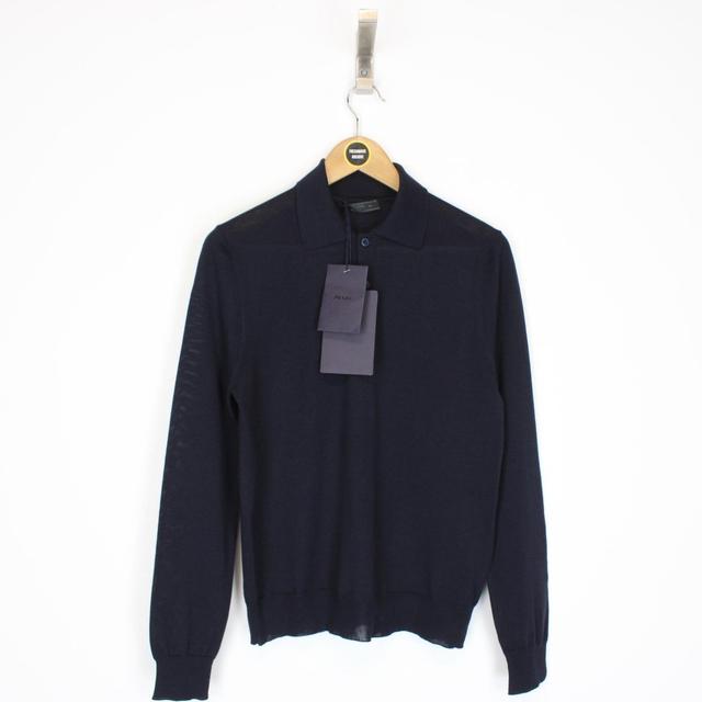 Prada 2023 Navy Blue Virgin Wool Knit Collared Sweatshirt Jumper