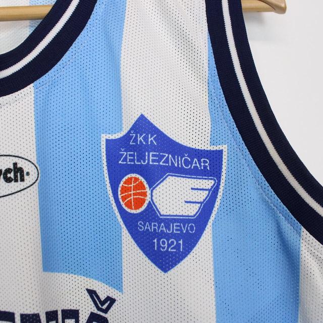 Vintage ZKK Zeljeznicar Sarajevo Blue and White Striped Basketball Vest Jersey