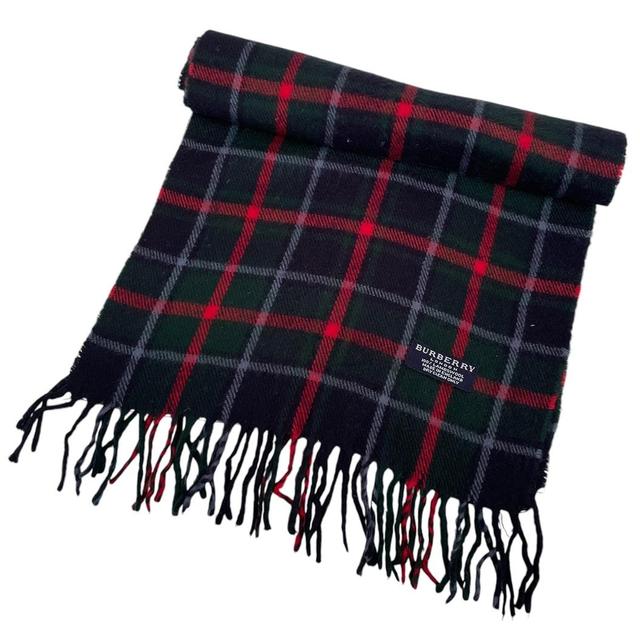 Vintage 90s Burberry Navy Blue, Red and Green Check Lambswool Scarf