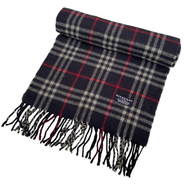 Vintage 90s Burberry Navy Blue Nova Check Lambswool Scarf