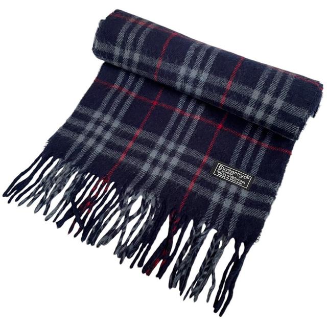 Vintage 90s Burberry Navy Blue Nova Check Lambswool Scarf