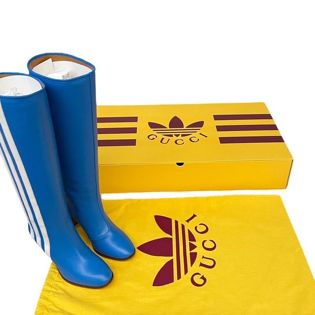 Gucci x Adidas Blue and White Leather Knee-High Heeled Boots