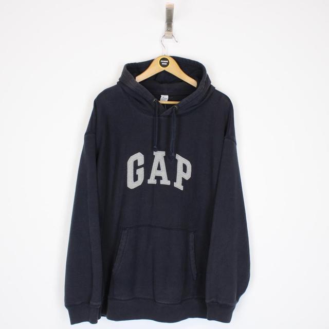 Vintage 00s GAP Navy Blue and Grey Pullover Spellout Hoodie Jumper