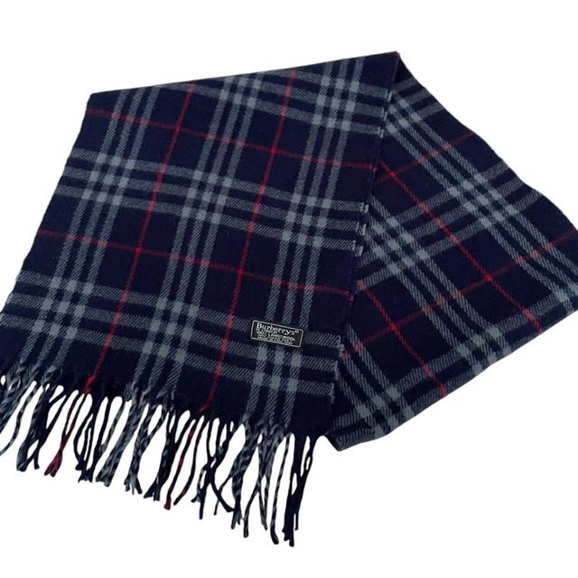 Vintage 90s Burberry Navy Blue Nova Check Lambswool Scarf