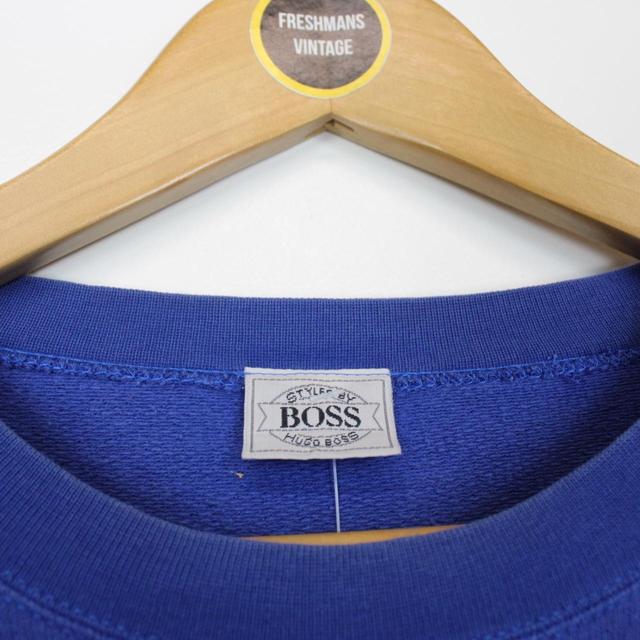 Vintage 90s Hugo Boss Blue and White Spellout Sweatshirt Jumper