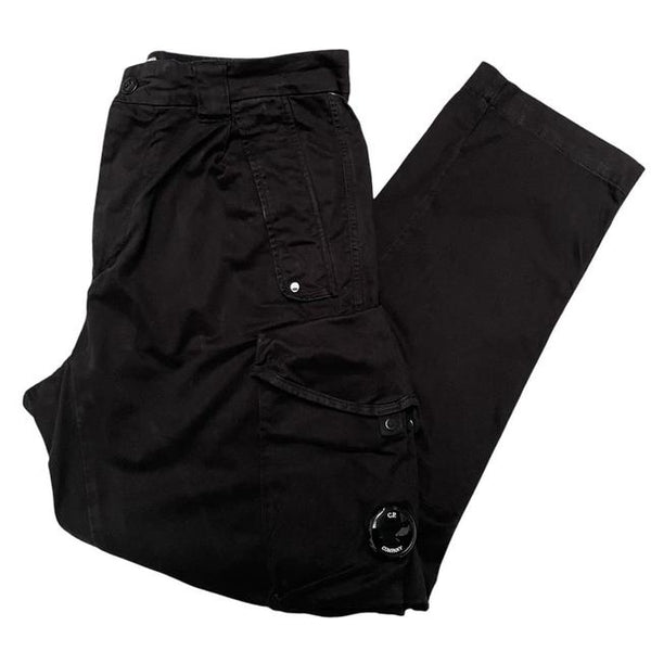 CP Company Black Garment Dyed Cotton Lens Cargo Trousers