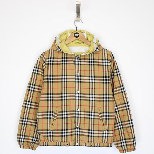 Burberry Tan Brown, Yellow and White Nova Check Reversible Hooded Jacket