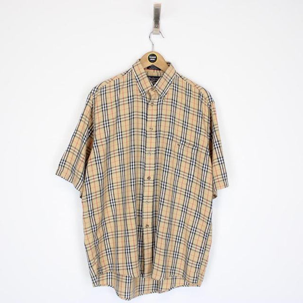 Vintage 90s Burberry Tan Brown Nova Check Short Sleeve Cotton Shirt